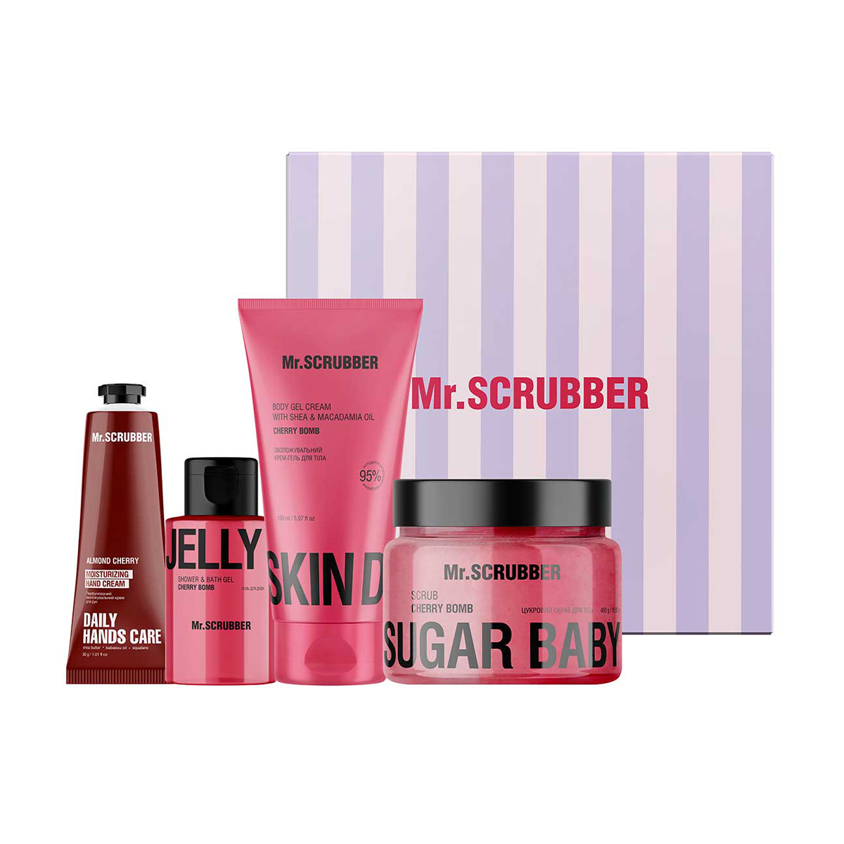 Уцінка! Набір Mr.Scrubber Cherry Care (скраб, 300 г + крем-гель, 150 мл + скраб для губ, 50 мл + гель для душу, 50 мл)